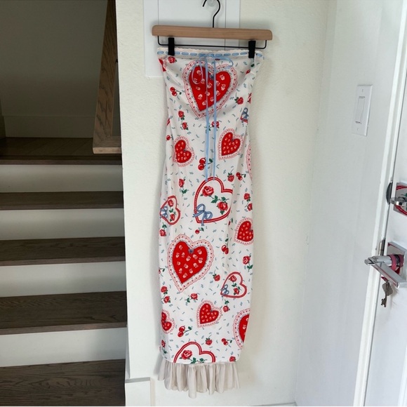 For Love & Lemons Daisy Heart Mae Strapless Midi Dress in White and Red - Picture 4 of 12